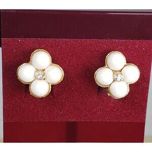 Vintage 1960s Signed YOSCA Gold Tone Crystal & White Cabochon Clip On Earrings